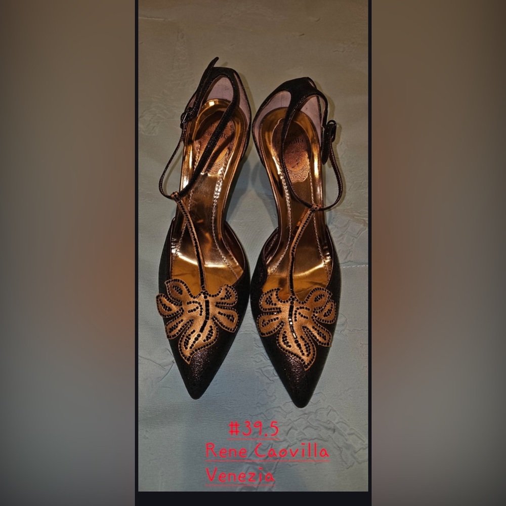 Rene Caovilla Black and Gold Embellished Heels
